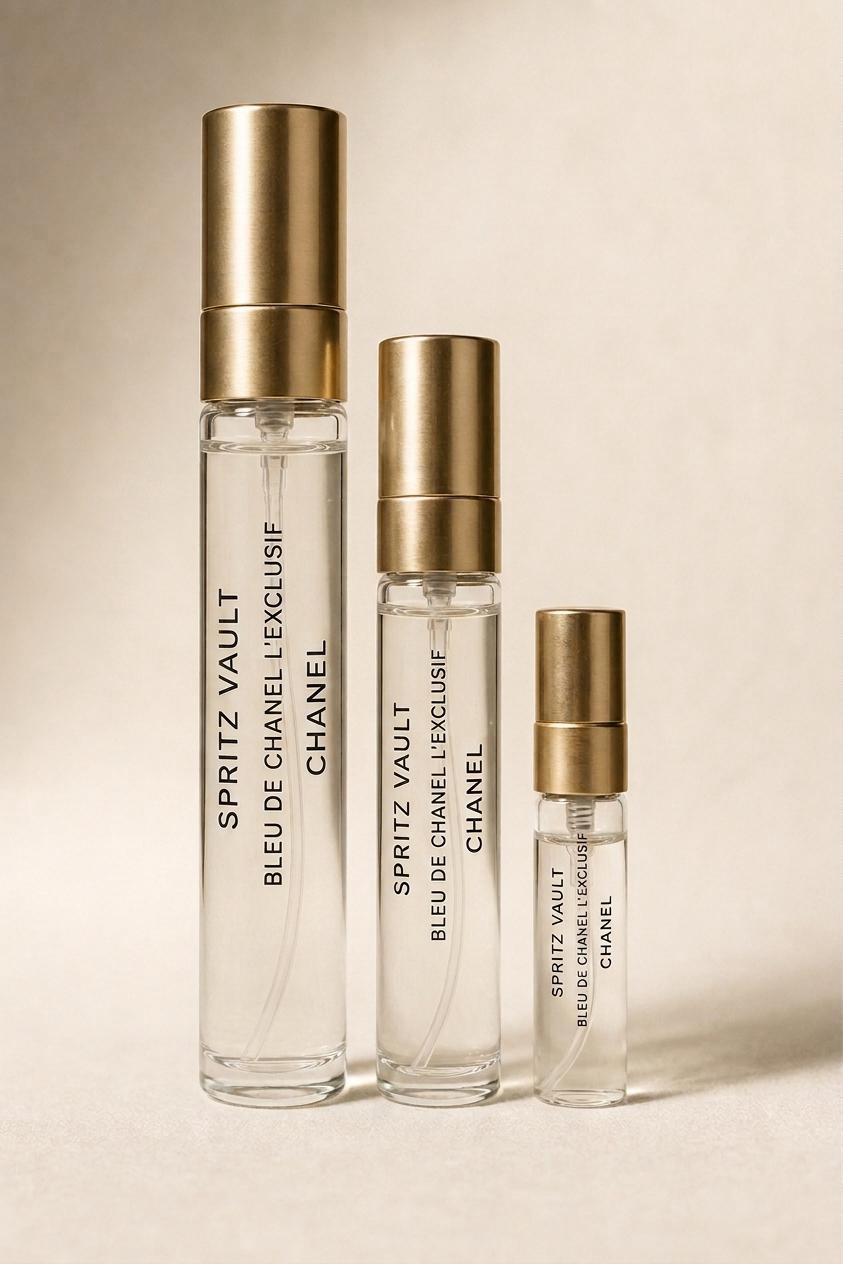 Chanel Bleu de Chanel L'Exclusif Spritz Vault atomizers in 10ml, 5ml and 2ml sizes